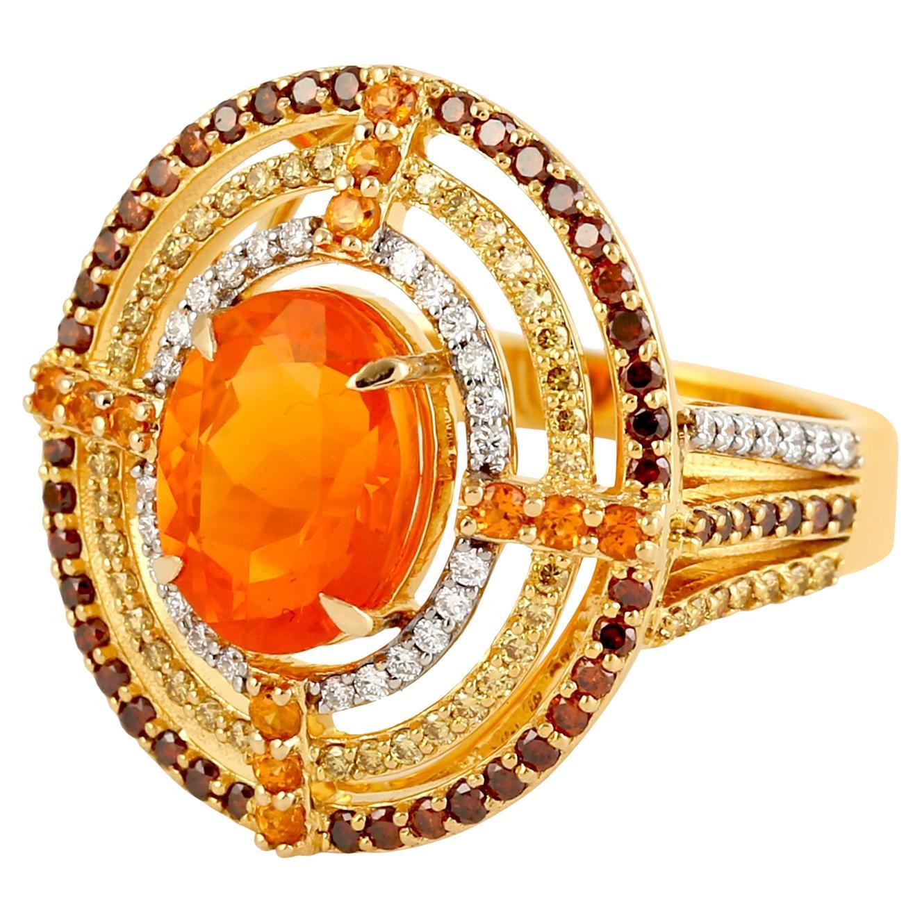Fire Opal Cocktail Ring Surrounded By Mandarin Garnet & Diamonds In 18k Gold For Sale