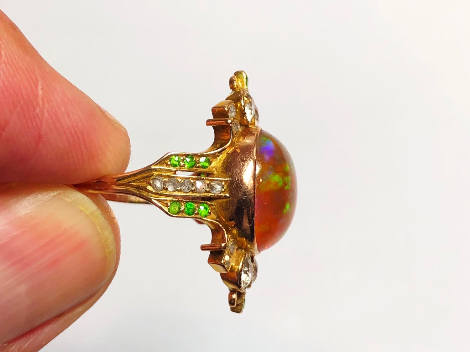Fire Opal Demantoid Garnet Diamond Gold Ring In Good Condition In London, GB