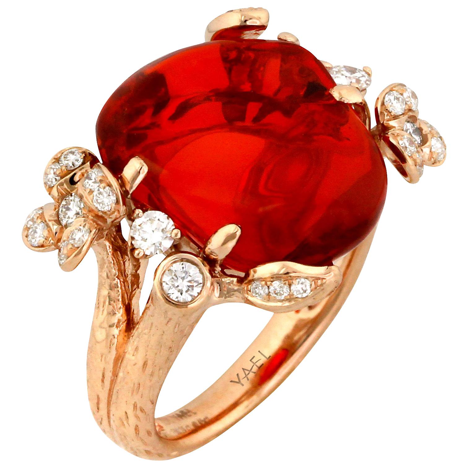 Fire Opal Diamond and Rose Gold Ring For Sale
