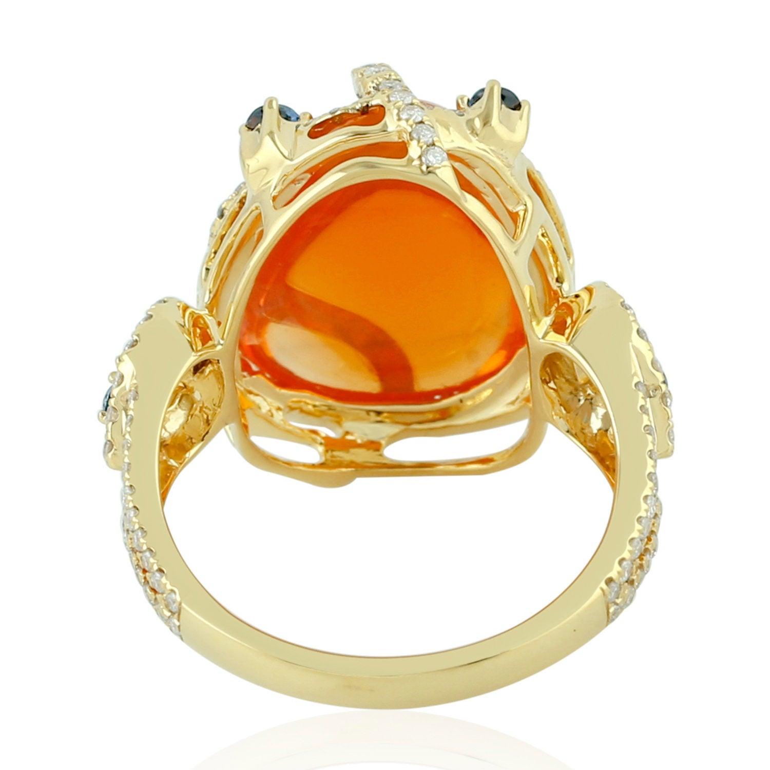 For Sale:  Fire Opal Diamond Blue Sapphire 18 Karat Gold Ring 2
