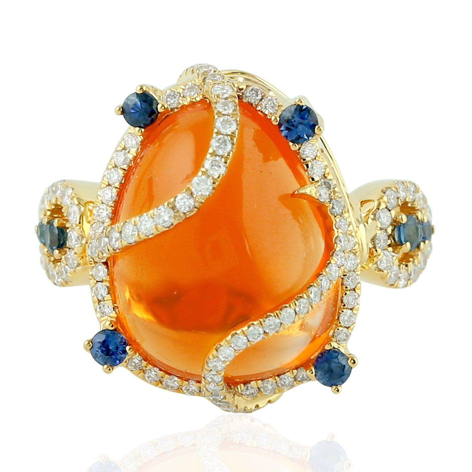 En vente :  Bague en or 18 carats avec opale de feu, diamant et saphir bleu 4