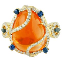 Fire Opal Diamond Blue Sapphire 18 Karat Gold Ring