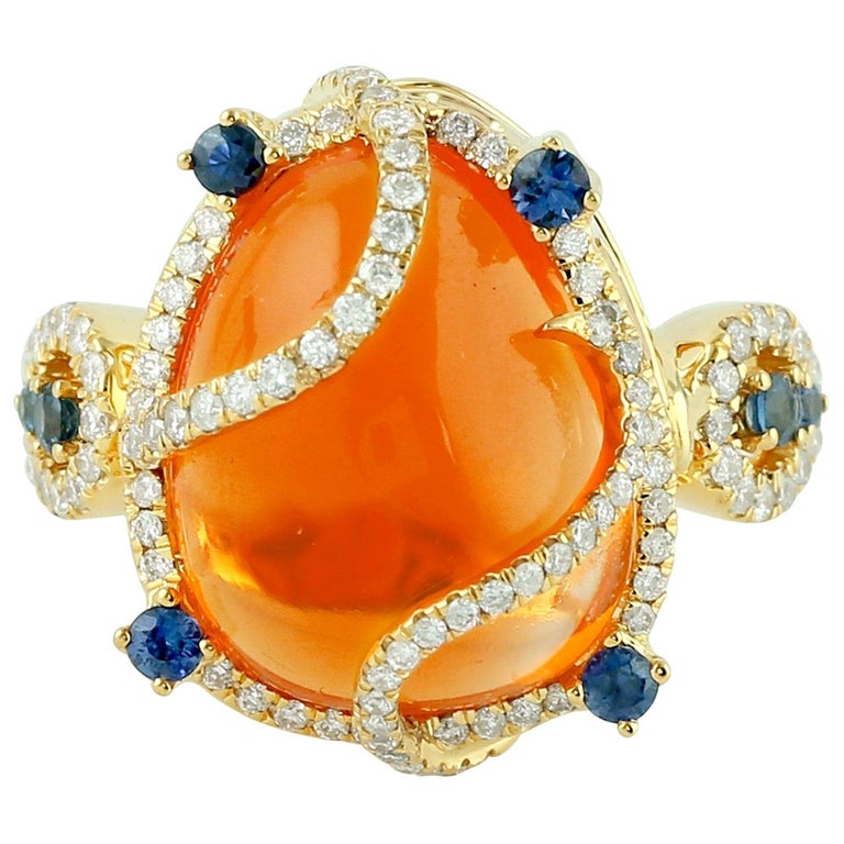 Customizable Fire Opal Diamond Blue Sapphire 18 Karat Gold Ring For ...