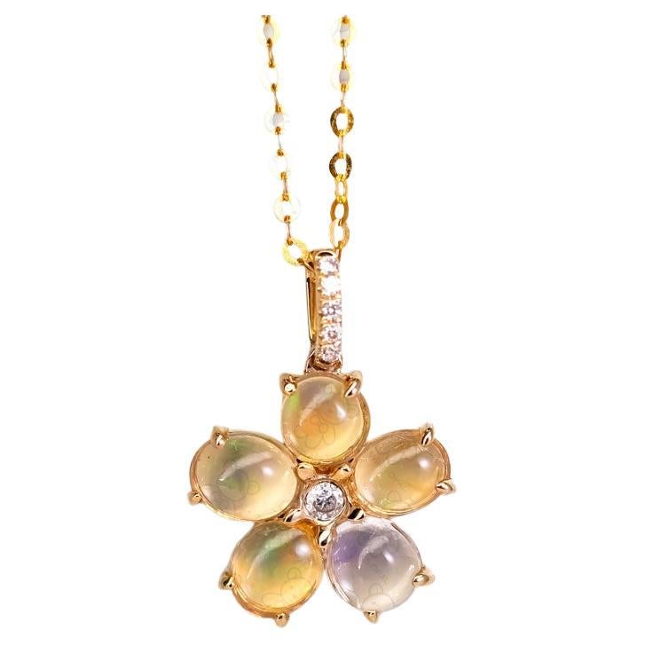 Fire Opal Diamond Flower Design Necklace 14k Yellow Gold
