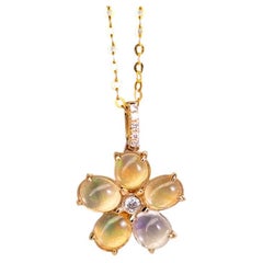 Fire Opal Diamond Flower Design Necklace 14k Yellow Gold