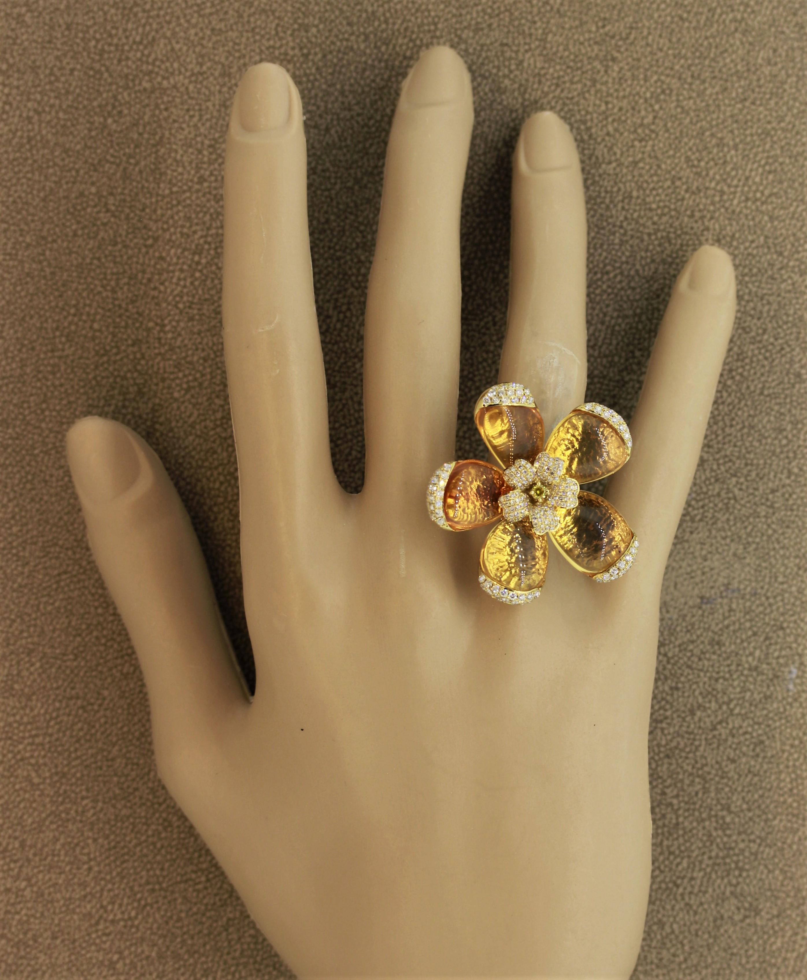 Fire Opal Diamond Gold Flower Ring For Sale 4