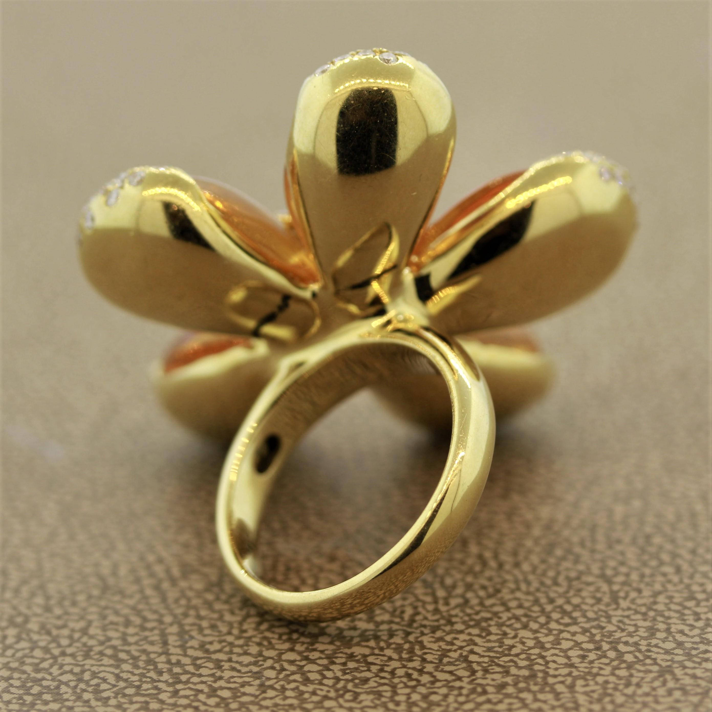 Round Cut Fire Opal Diamond Gold Flower Ring For Sale