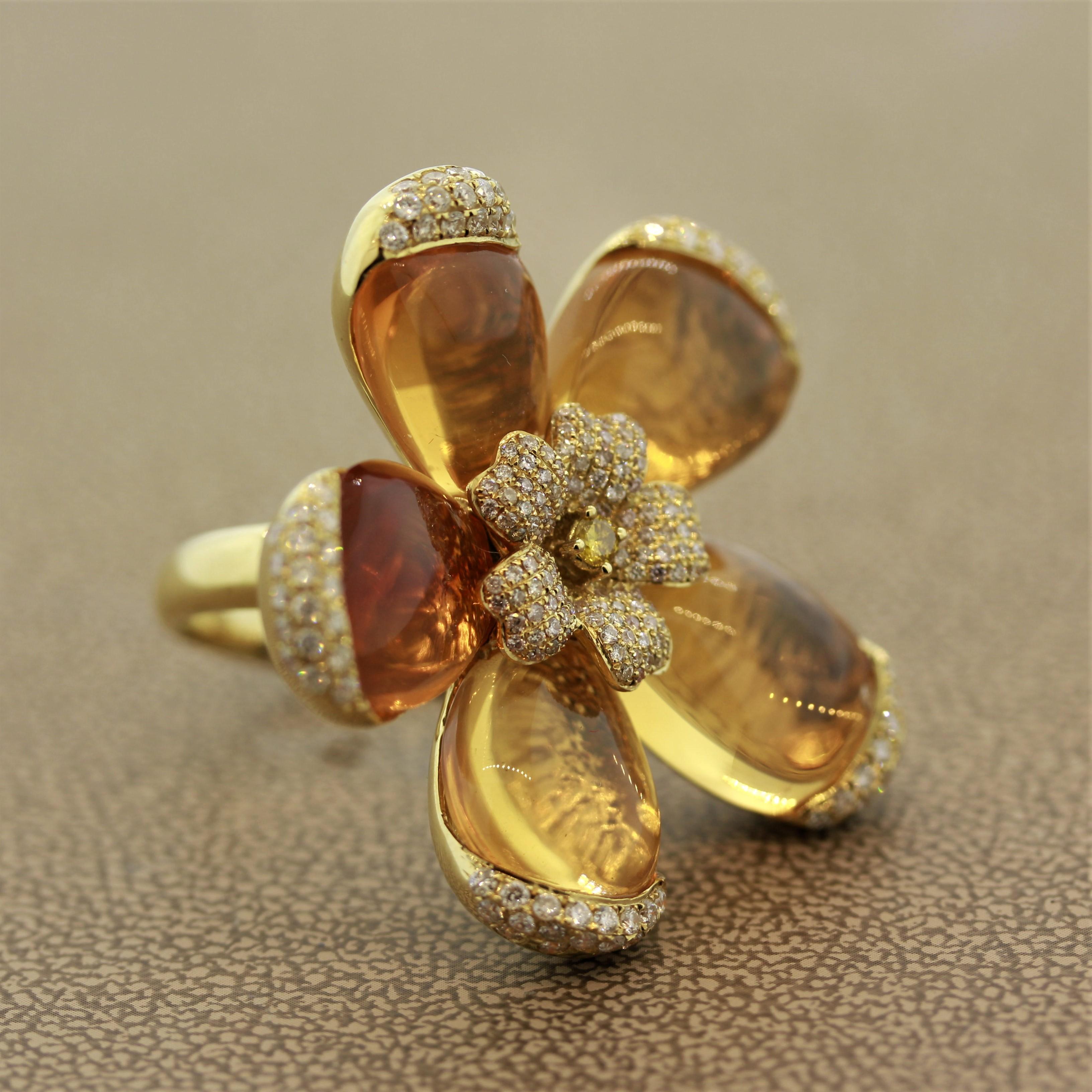 Women's Fire Opal Diamond Gold Flower Ring For Sale