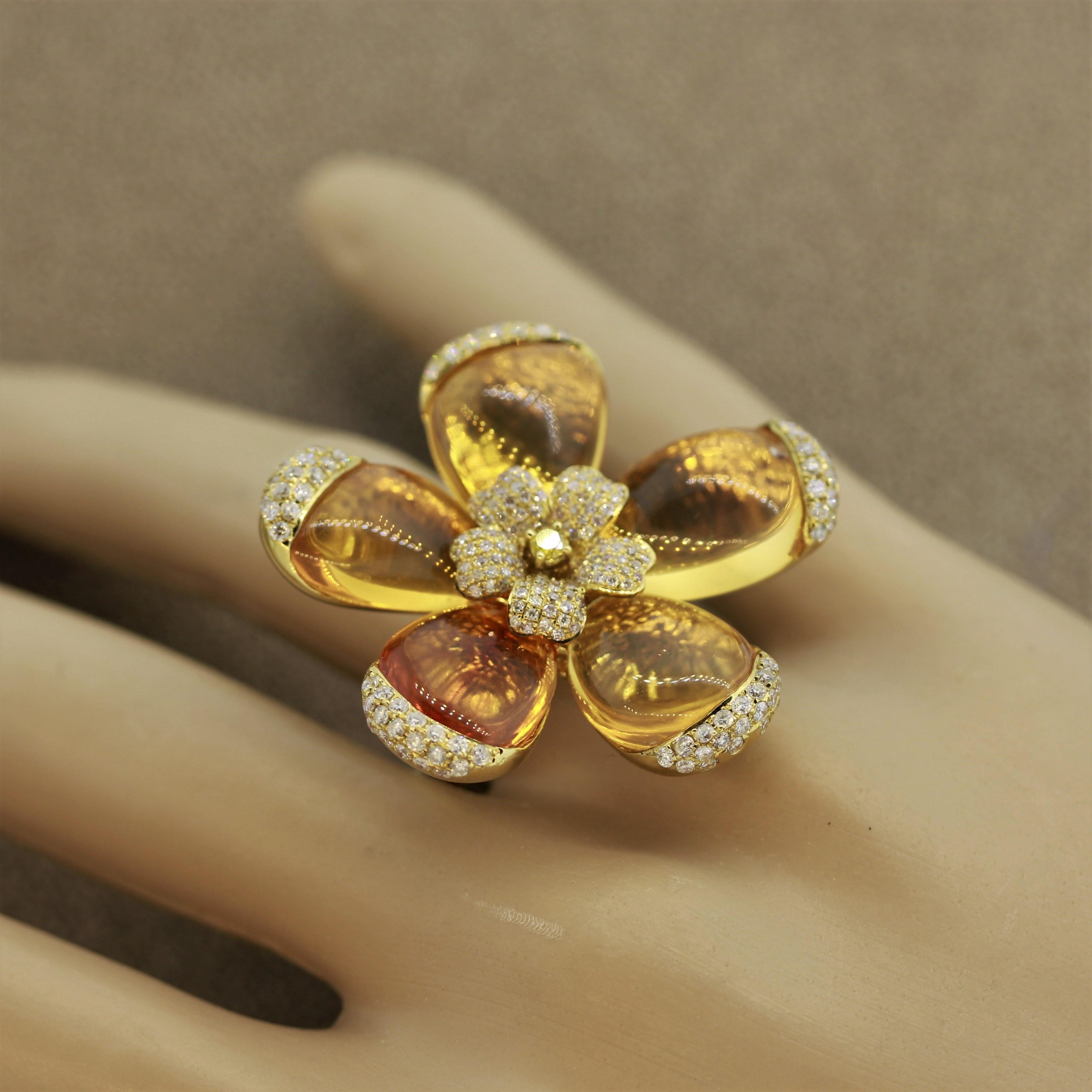 Fire Opal Diamond Gold Flower Ring For Sale 1
