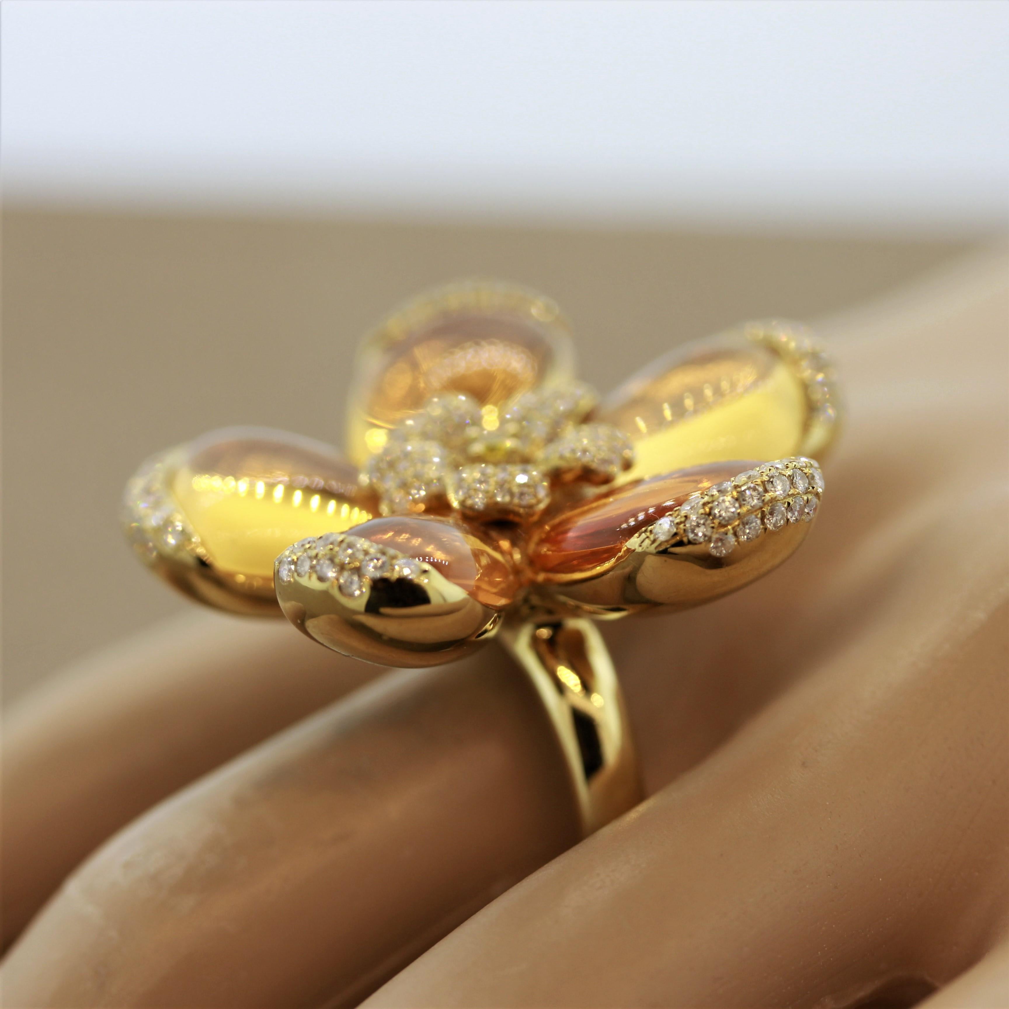 Fire Opal Diamond Gold Flower Ring For Sale 2