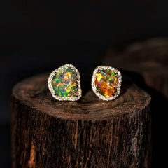 Fire Opal Diamond Halo Stud Earrings 14K Yellow Gold
