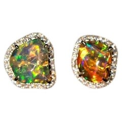 Fire Opal Diamond Halo Stud Earrings 14K Yellow Gold