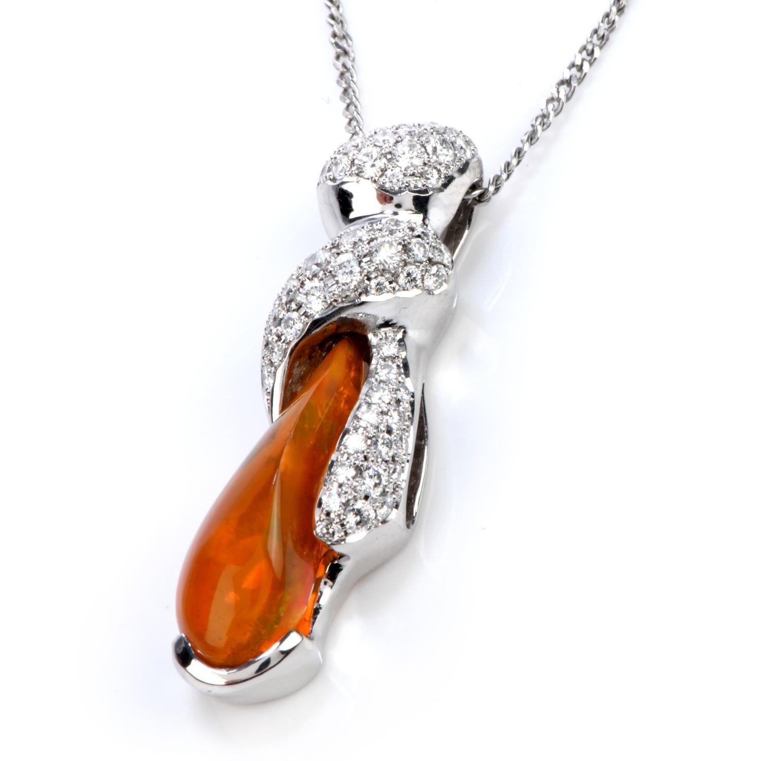 Bring the fire with you everywhere you go!

Crafted in solid Platinum,

This slide in Pendant, has a unique 4.84ct Cabochon Free From Fine Fire Opal,

The Twisted Style Design, has 59 Diamonds

with a total carat weight of 0.512 cts, VS  Clarity,