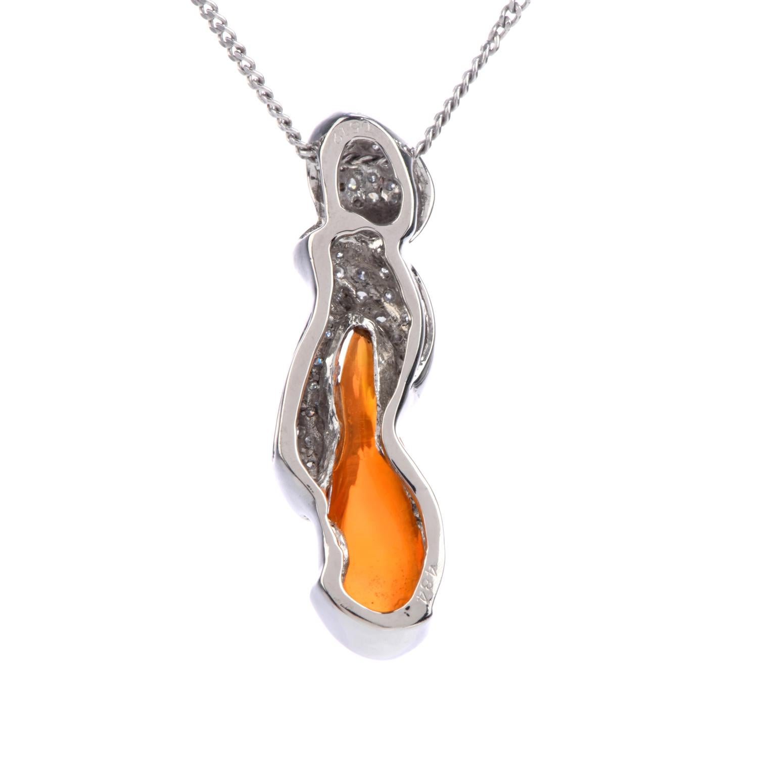 Modern Fire Opal Diamond Platinum Pendant Necklace