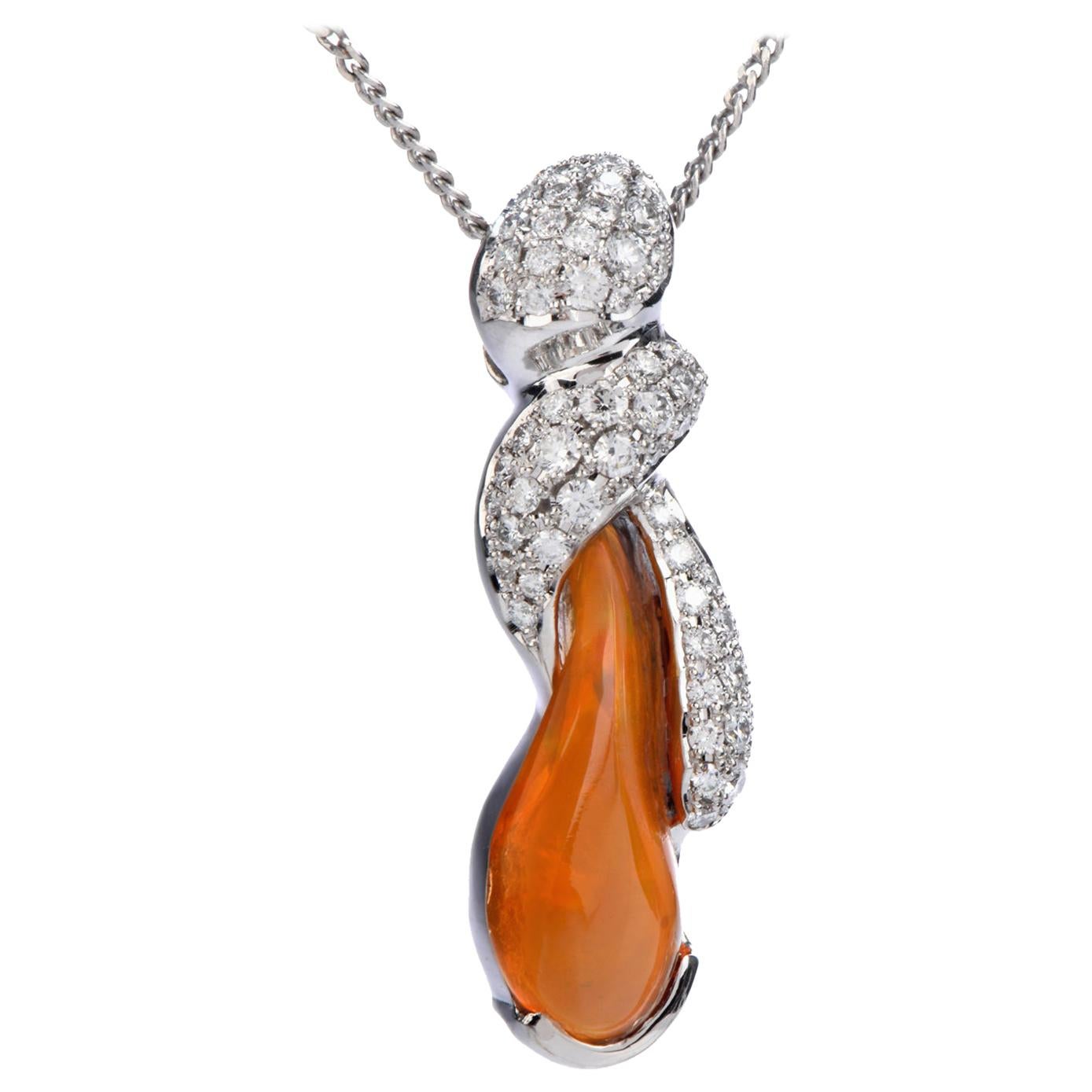 Fire Opal Diamond Platinum Pendant Necklace