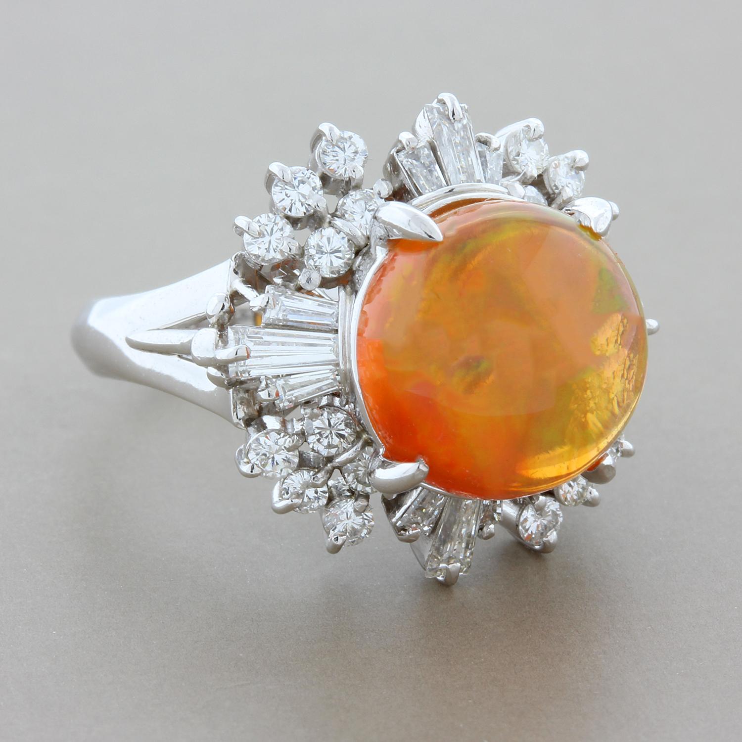 This ring features a 3.47 carat super gem fire opal with great play of color. The opal is haloed by 1.01 carats of round brilliant cut diamonds set in platinum. A lovely ring that can be worn everyday or dressed up for a night out. 

Ring Size 4.5