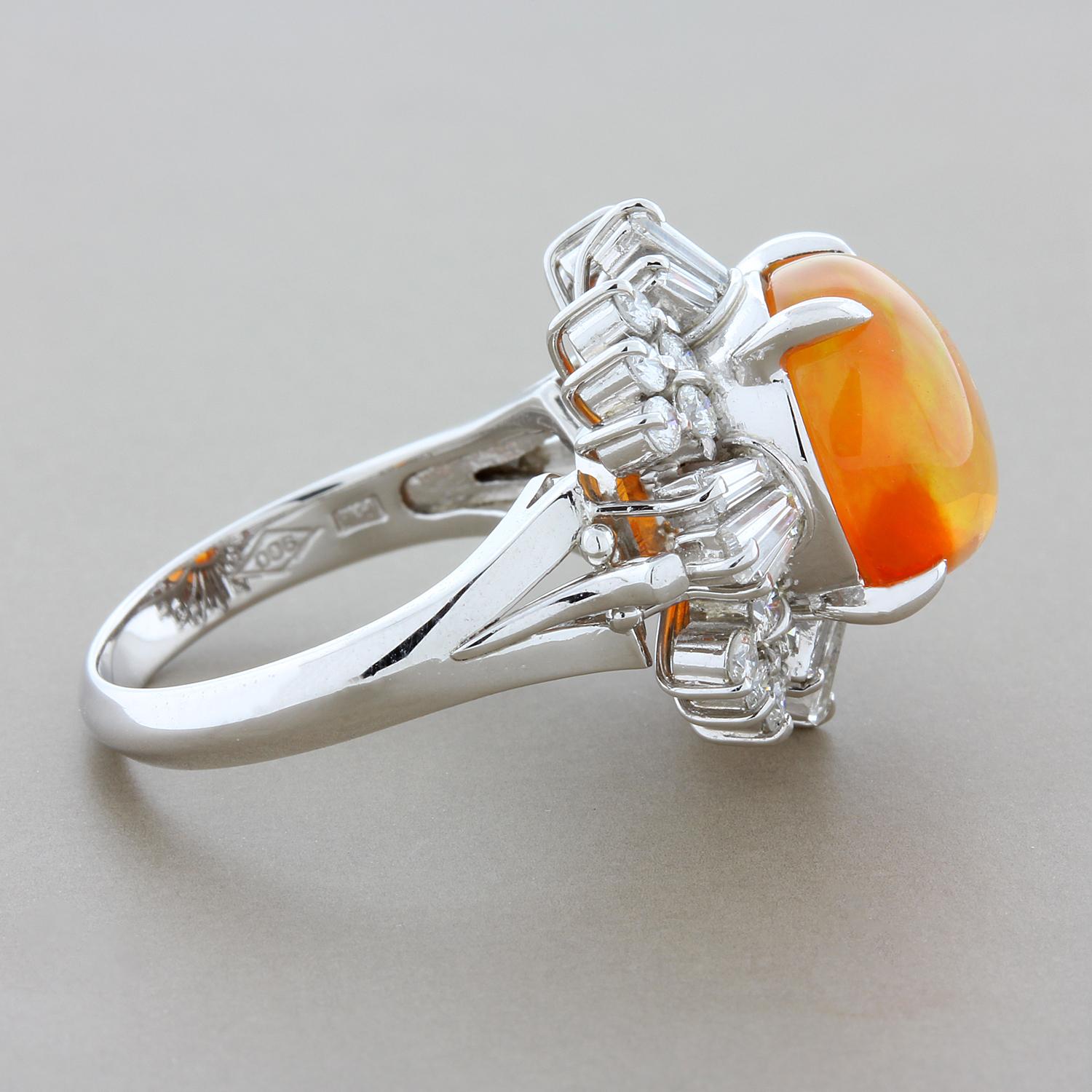 Fire Opal Diamond Platinum Ring In New Condition In Beverly Hills, CA