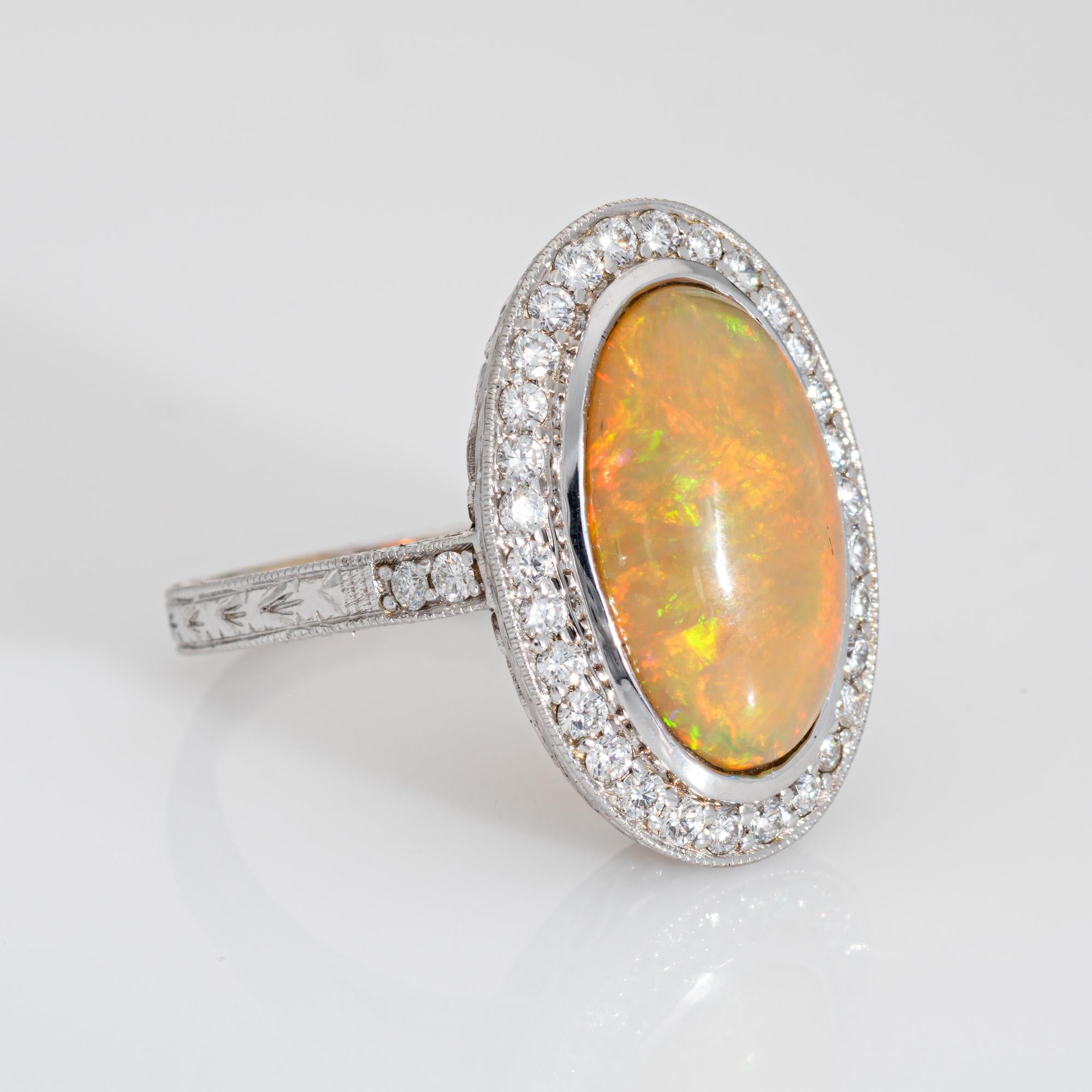 Modern Fire Opal Diamond Ring Large Oval Estate 18k White Gold Sz 9 Cocktail Fine Jewel For Sale