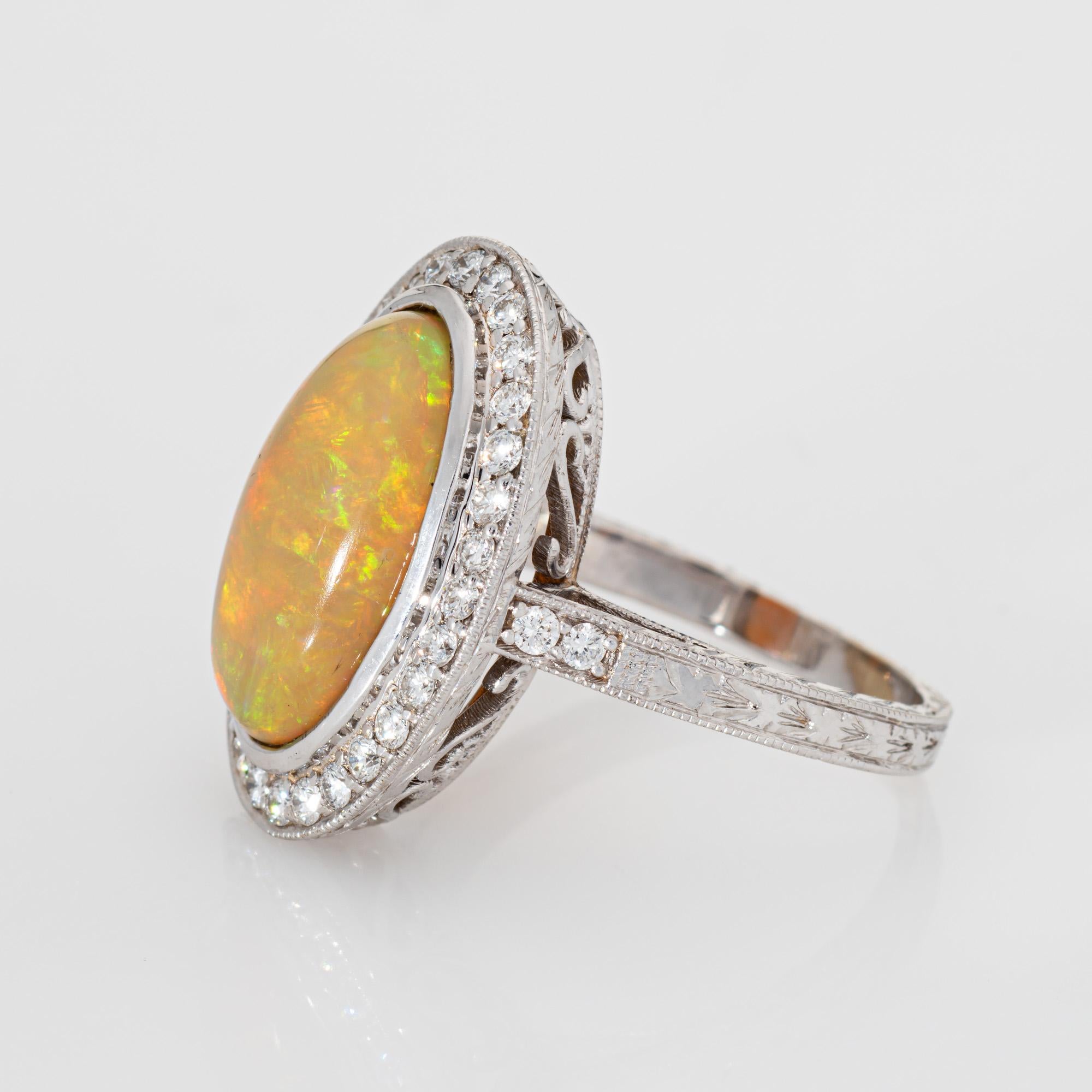 Cabochon Fire Opal Diamond Ring Large Oval Estate 18k White Gold Sz 9 Cocktail Fine Jewel For Sale
