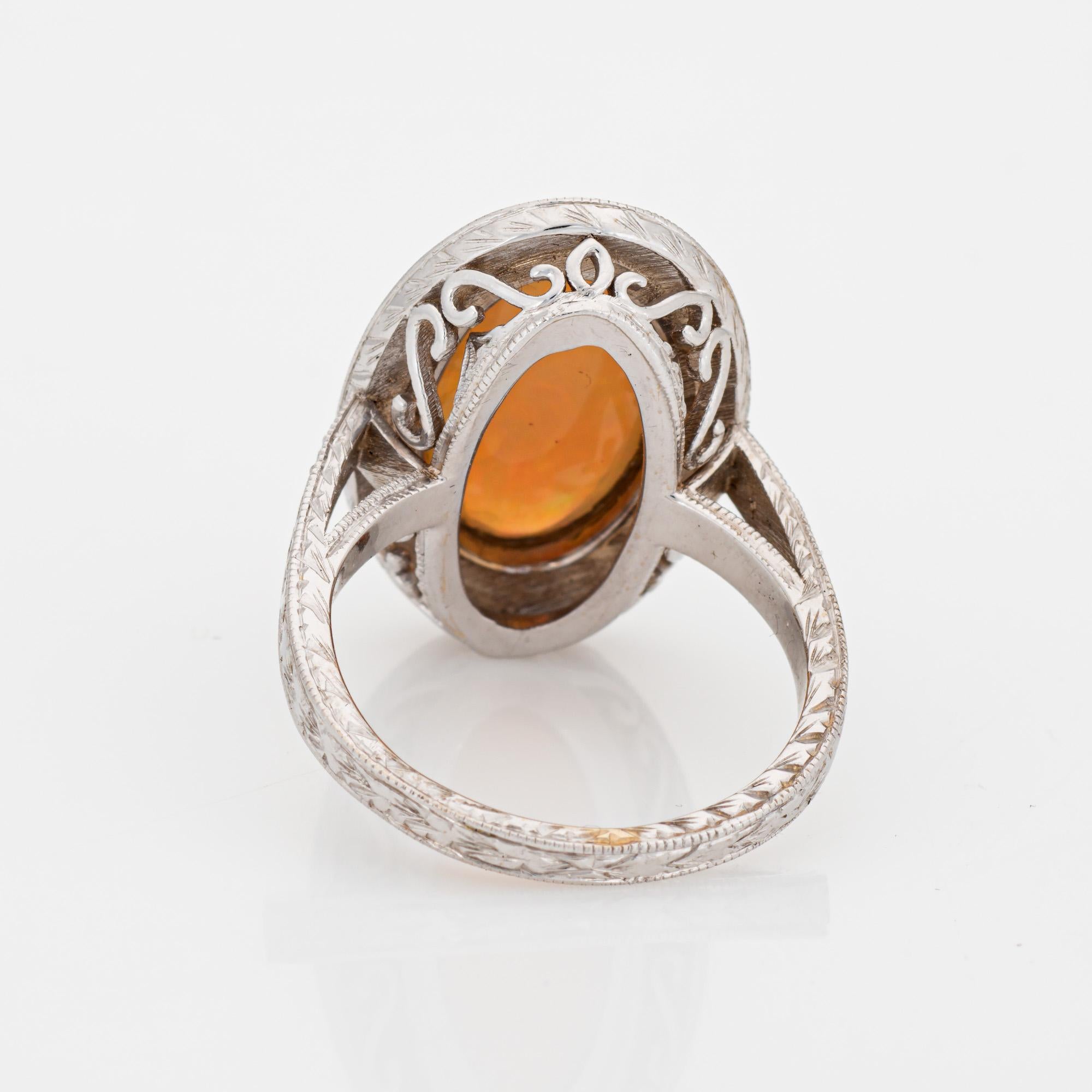 Fire Opal Diamond Ring Large Oval Estate 18k White Gold Sz 9 Cocktail Fine Jewel In Good Condition For Sale In Torrance, CA