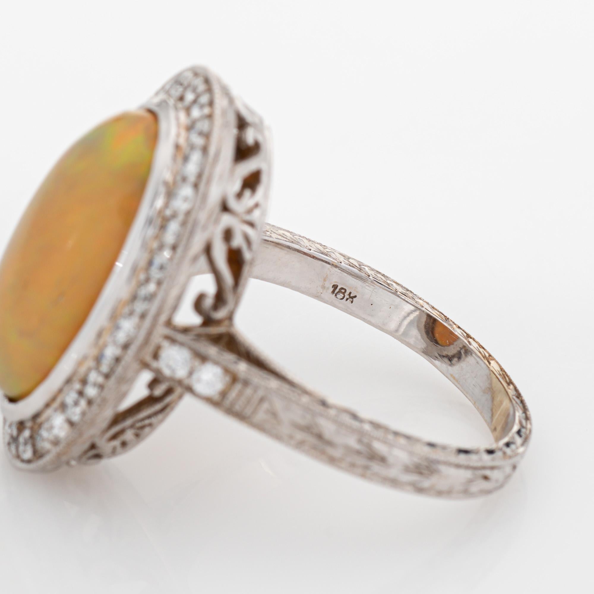 Fire Opal Diamond Ring Large Oval Estate 18k White Gold Sz 9 Cocktail Fine Jewel For Sale 1