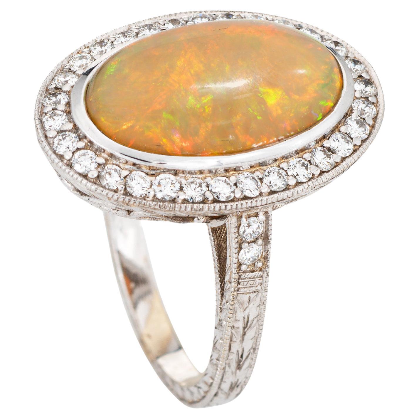 Fire Opal Diamond Ring Large Oval Estate 18k White Gold Sz 9 Cocktail Fine Jewel For Sale