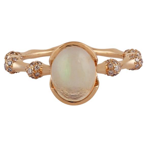 Fire Opal & Diamond Surrounded By 18k Yellow Gold Ring For Sale