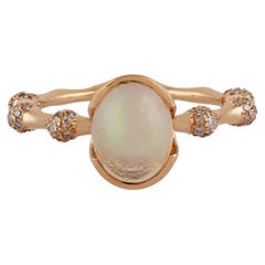 Fire Opal & Diamond Surrounded By 18k Yellow Gold Ring