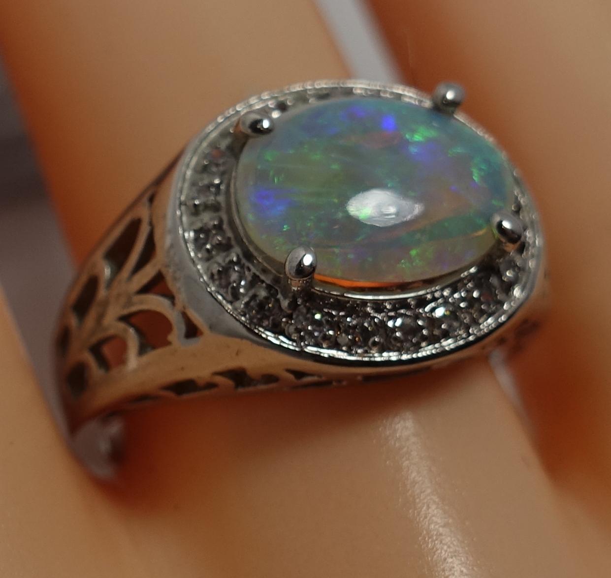 Women's or Men's Fire Opal, Diamonds, 14kt White Gold Ring, Sz 7