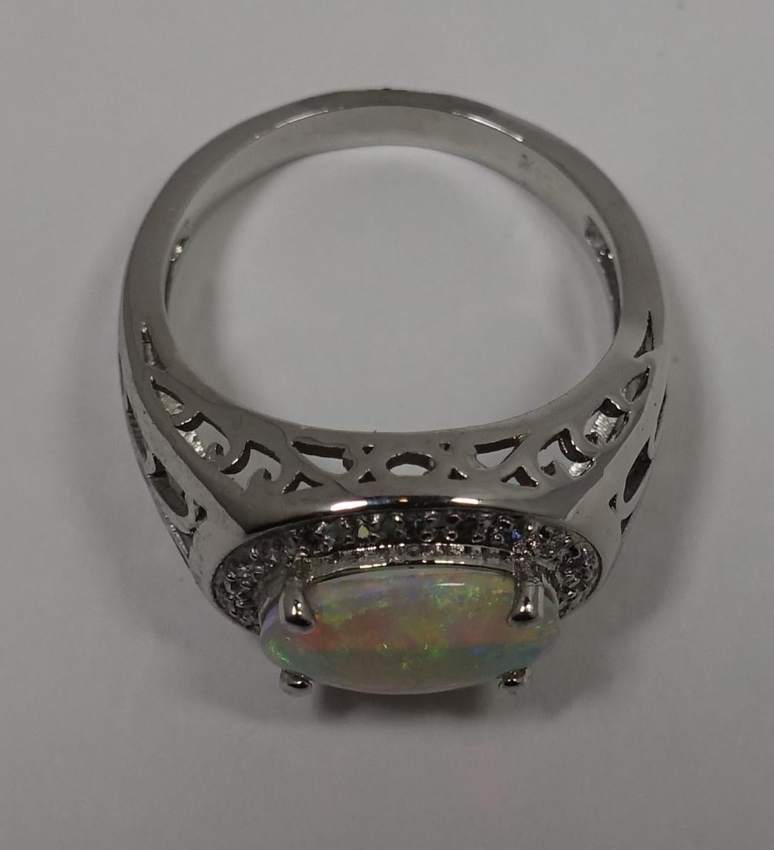 Fire Opal, Diamonds, 14kt White Gold Ring, Sz 7 2