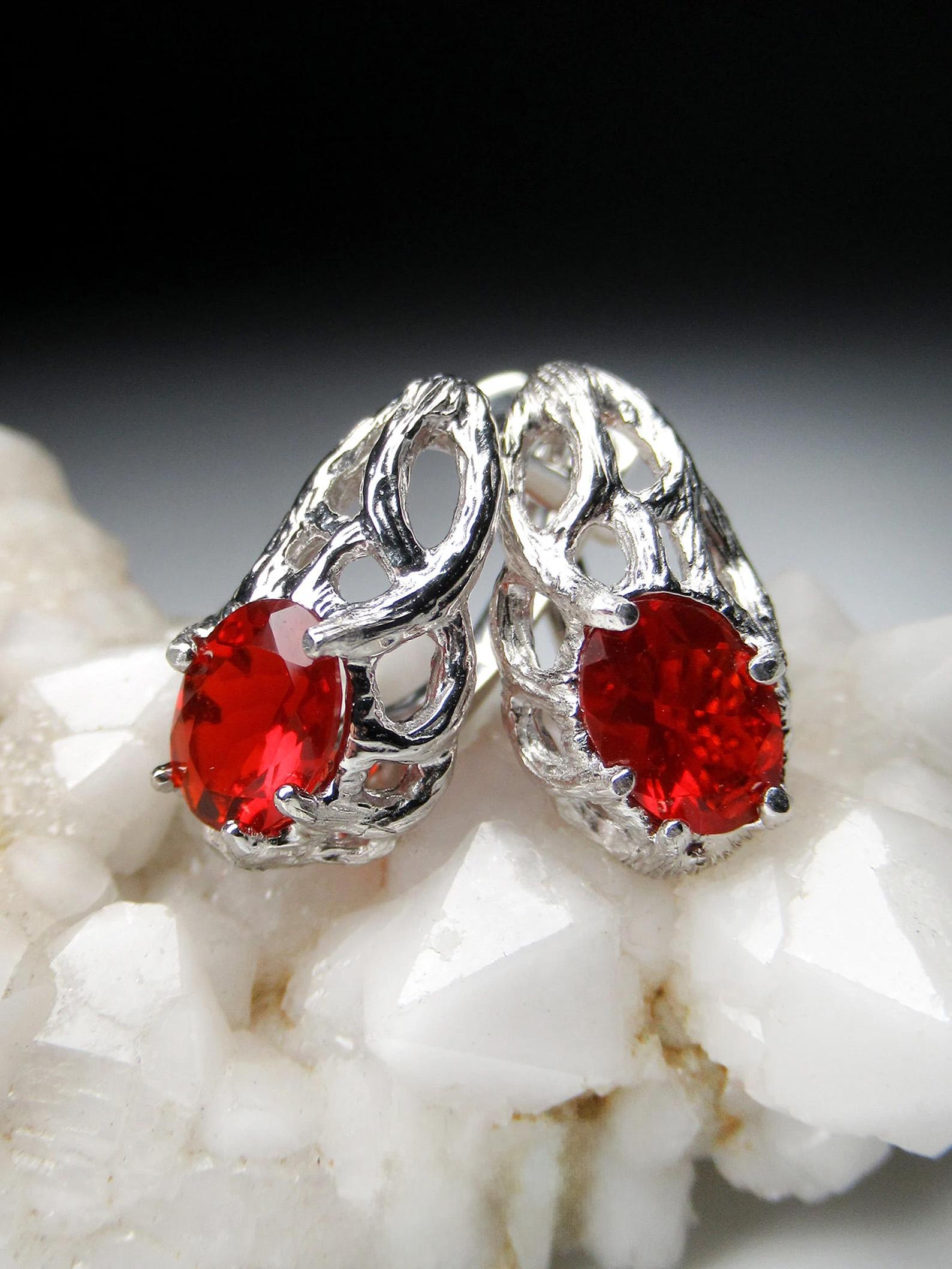 Artist Fire Opal Earrings Fine Quality Mexican Oval Cut Natural Red Gemstone For Sale