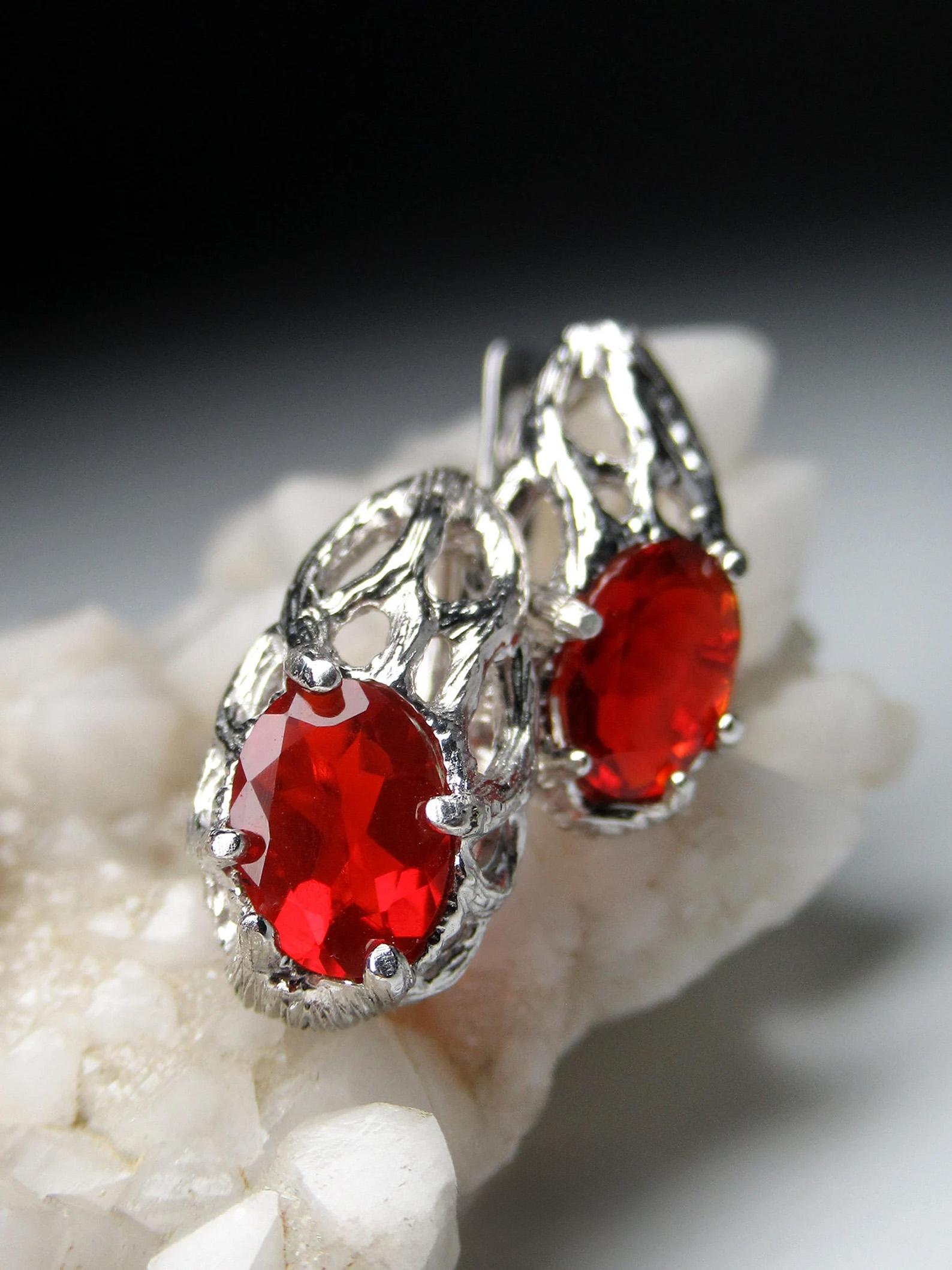 Fire Opal Earrings Fine Quality Mexican Oval Cut Natural Red Gemstone In New Condition For Sale In Berlin, DE
