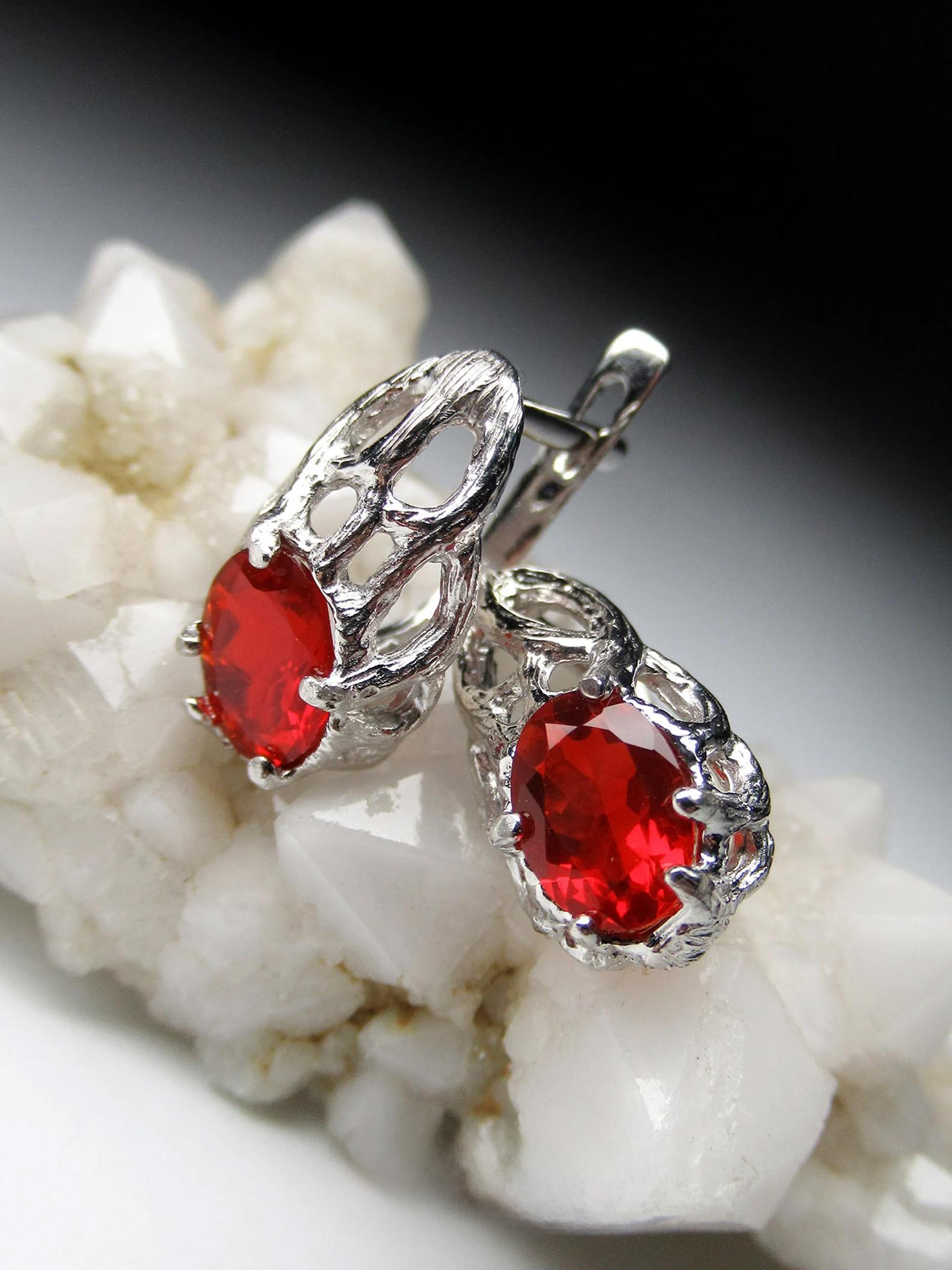 Women's or Men's Fire Opal Earrings Fine Quality Mexican Oval Cut Natural Red Gemstone For Sale