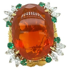 Fire Opal Emerald and Cocktail Ring 18k Yellow Gold