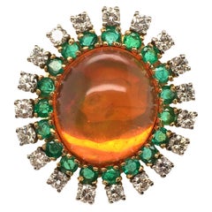 Fire Opal, Emerald and Diamond Ring