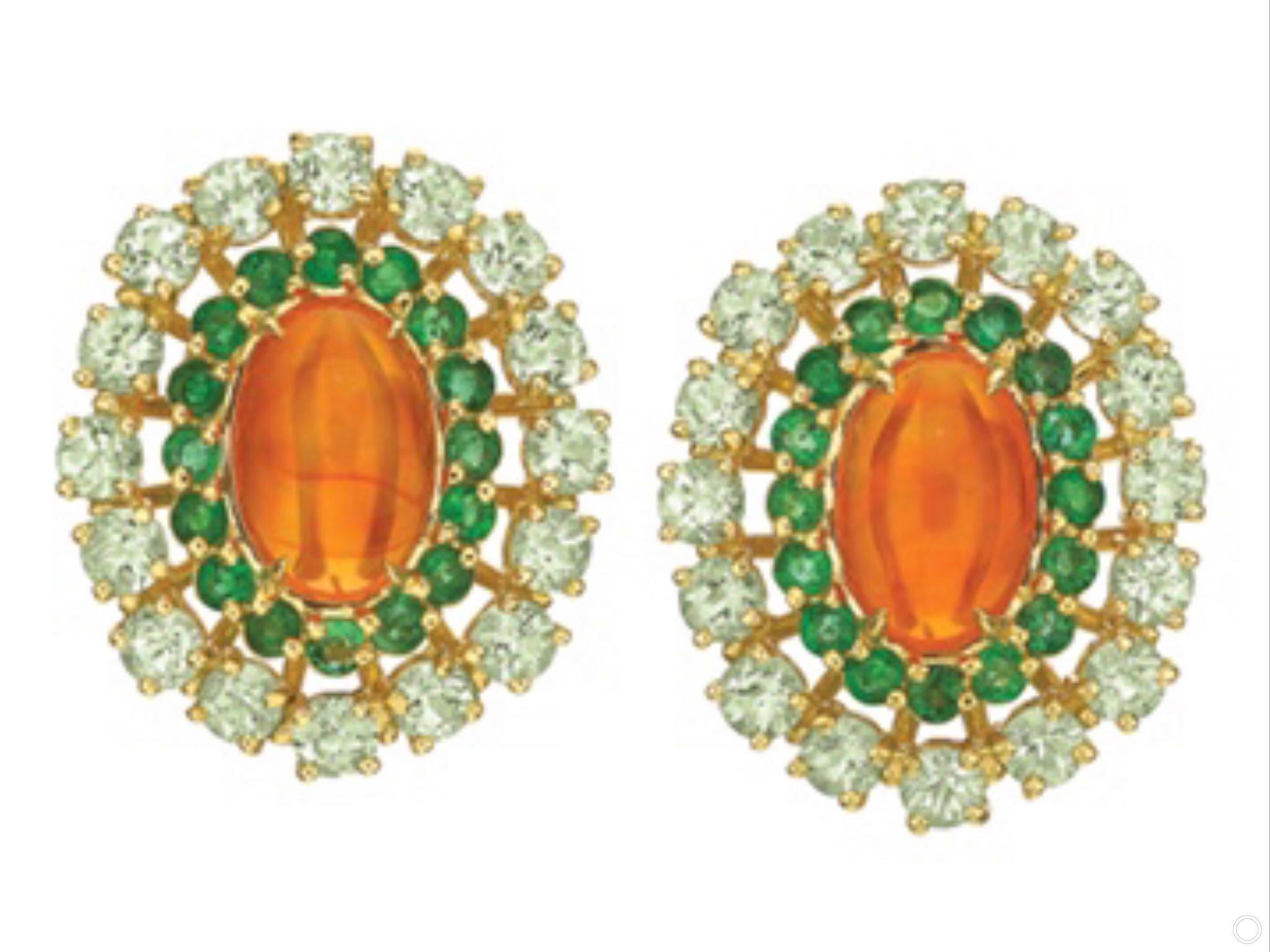 Contemporary Fire Opal, Emerald and Green Tourmaline 18 Karat Yellow Gold Earrings