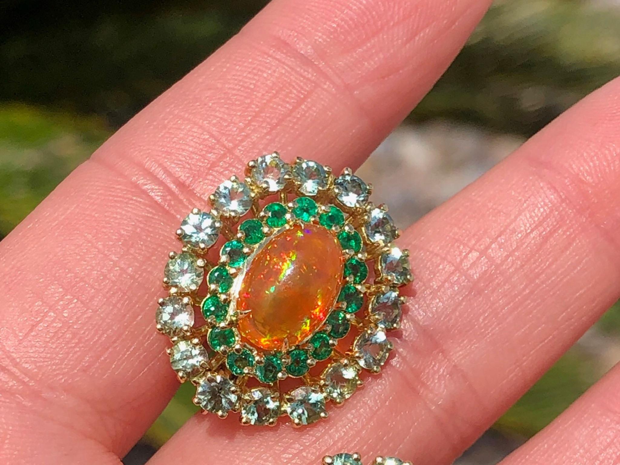 Oval Cut Fire Opal, Emerald and Green Tourmaline 18 Karat Yellow Gold Earrings