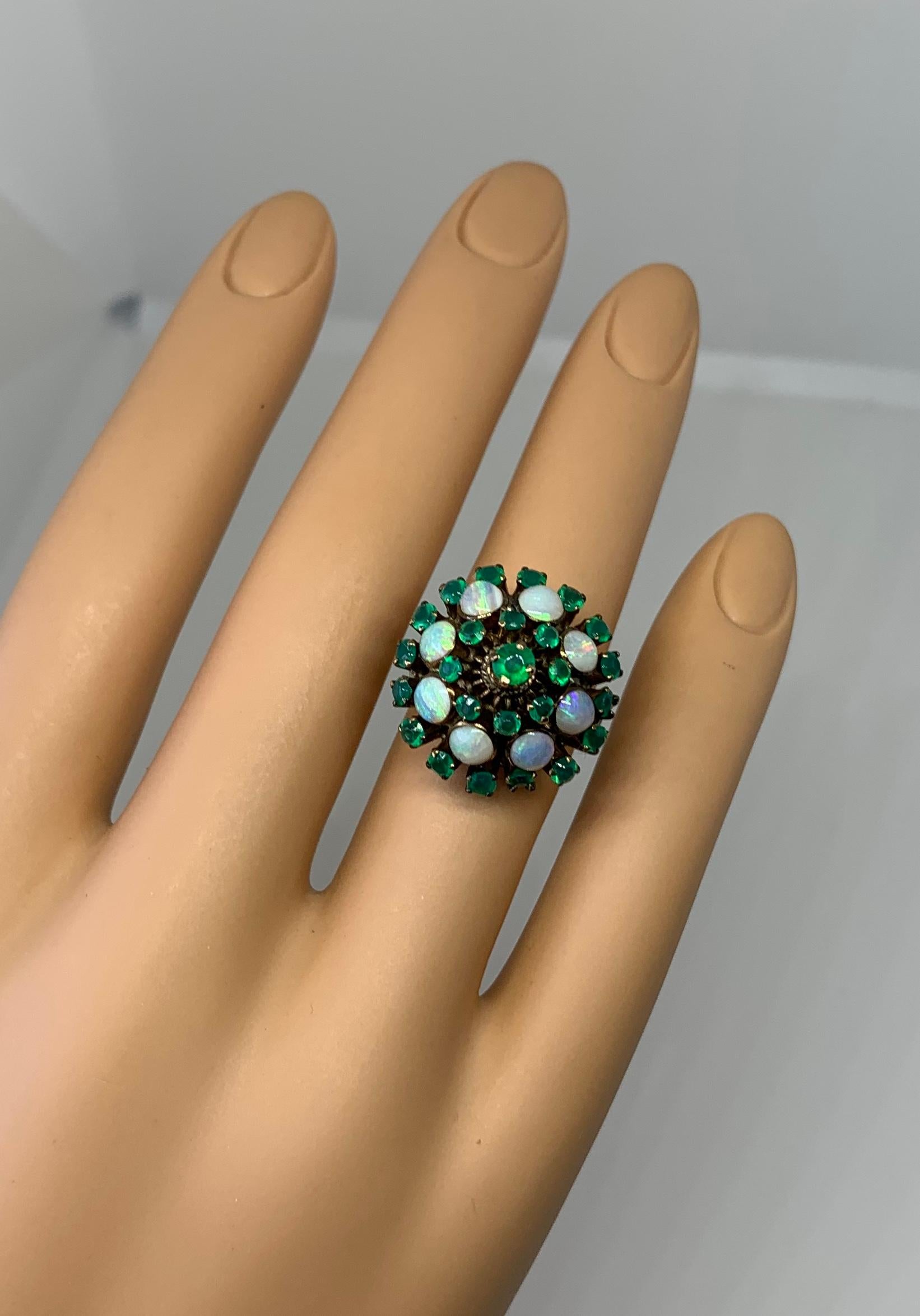 Fire Opal Emerald Ring Art Deco Princess Bombe Gold Opals Blue Green Yellow For Sale 1