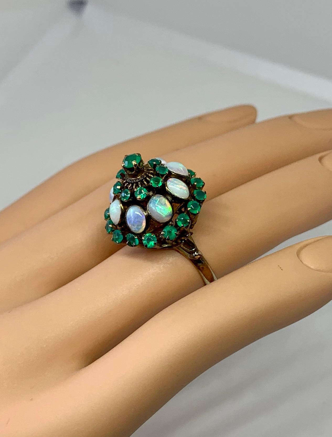 Retro Fire Opal Emerald Ring Art Deco Princess Bombe Gold Opals Blue Green Yellow For Sale
