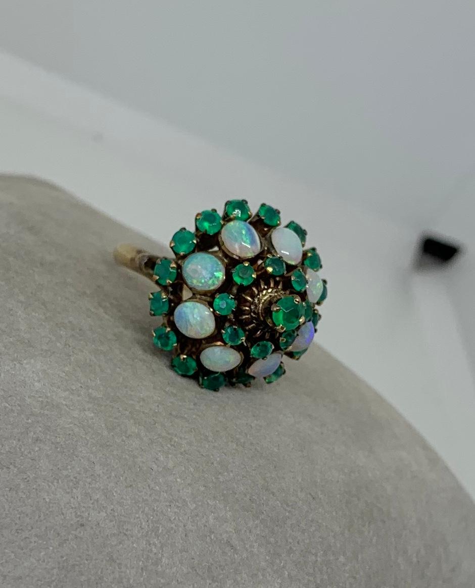 Cabochon Fire Opal Emerald Ring Art Deco Princess Bombe Gold Opals Blue Green Yellow For Sale