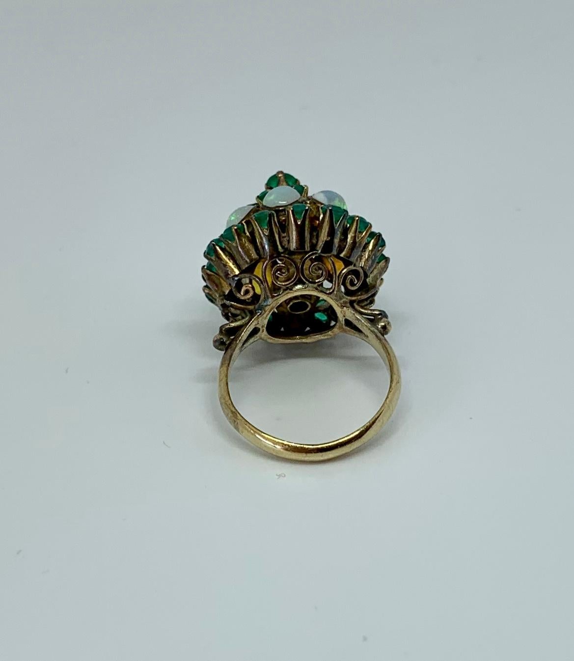 Women's Fire Opal Emerald Ring Art Deco Princess Bombe Gold Opals Blue Green Yellow For Sale