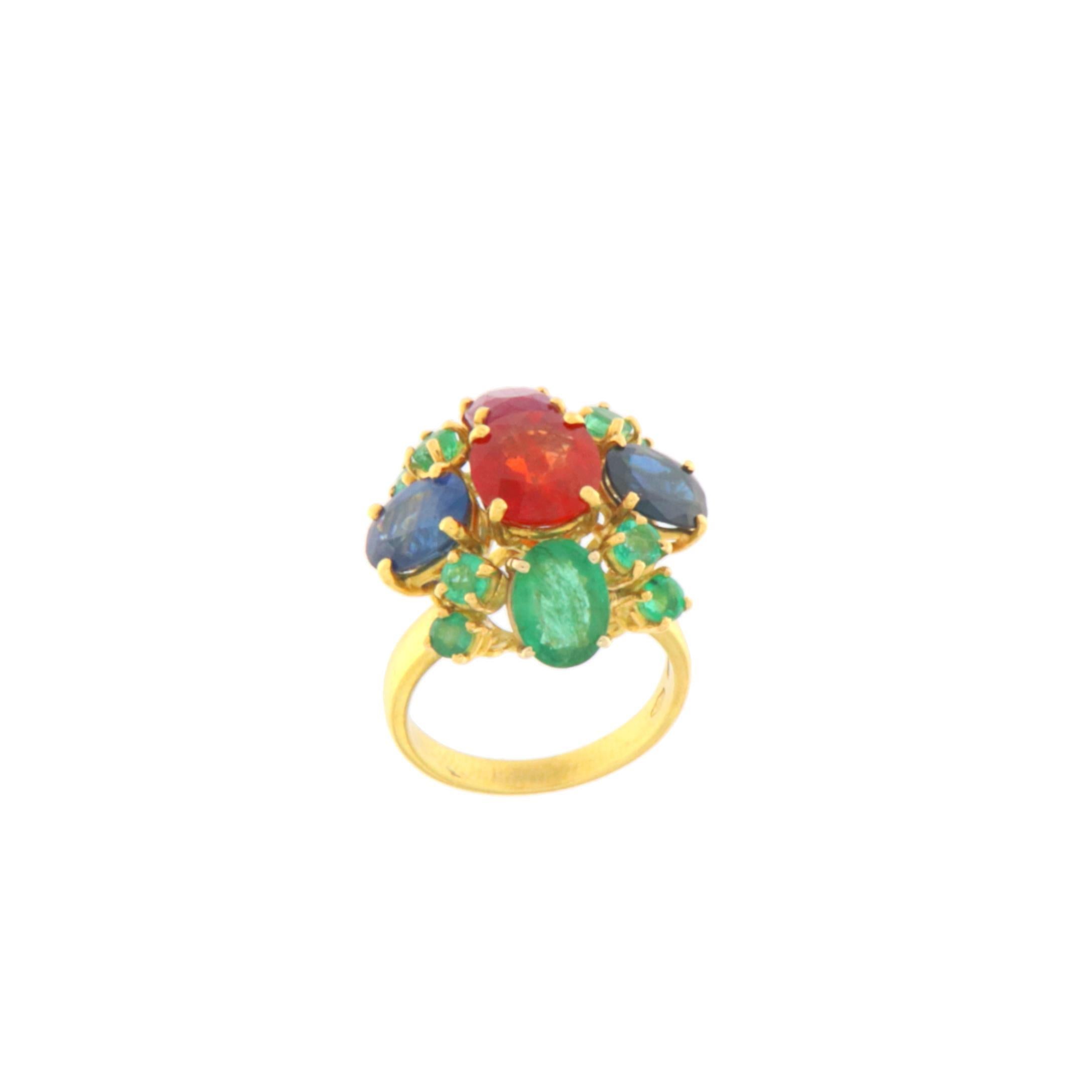 Fire Opal Emeralds Sapphires Ruby 18 Karat Yellow Gold Cocktail Ring For Sale 4