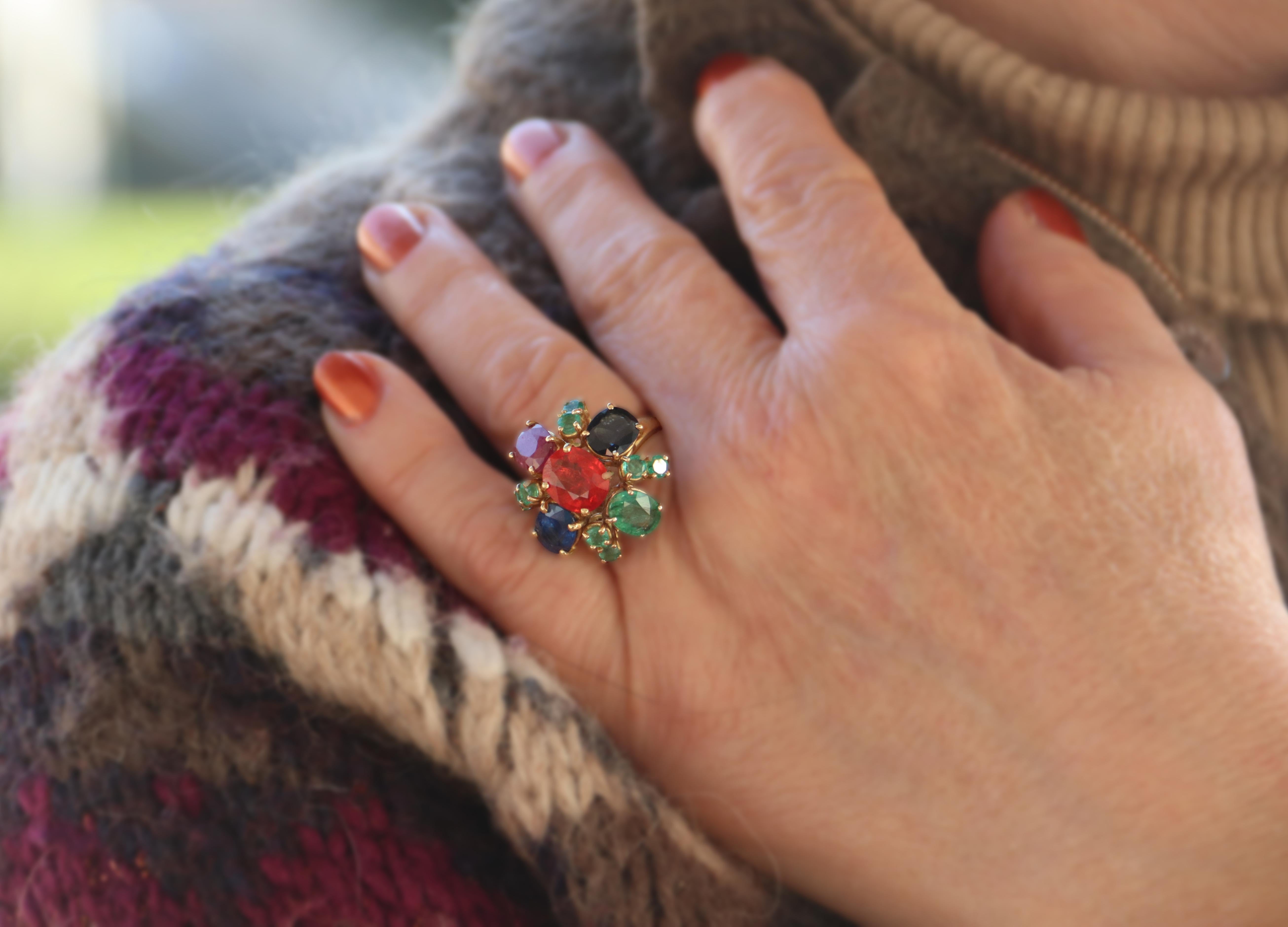 Artisan Fire Opal Emeralds Sapphires Ruby 18 Karat Yellow Gold Cocktail Ring For Sale