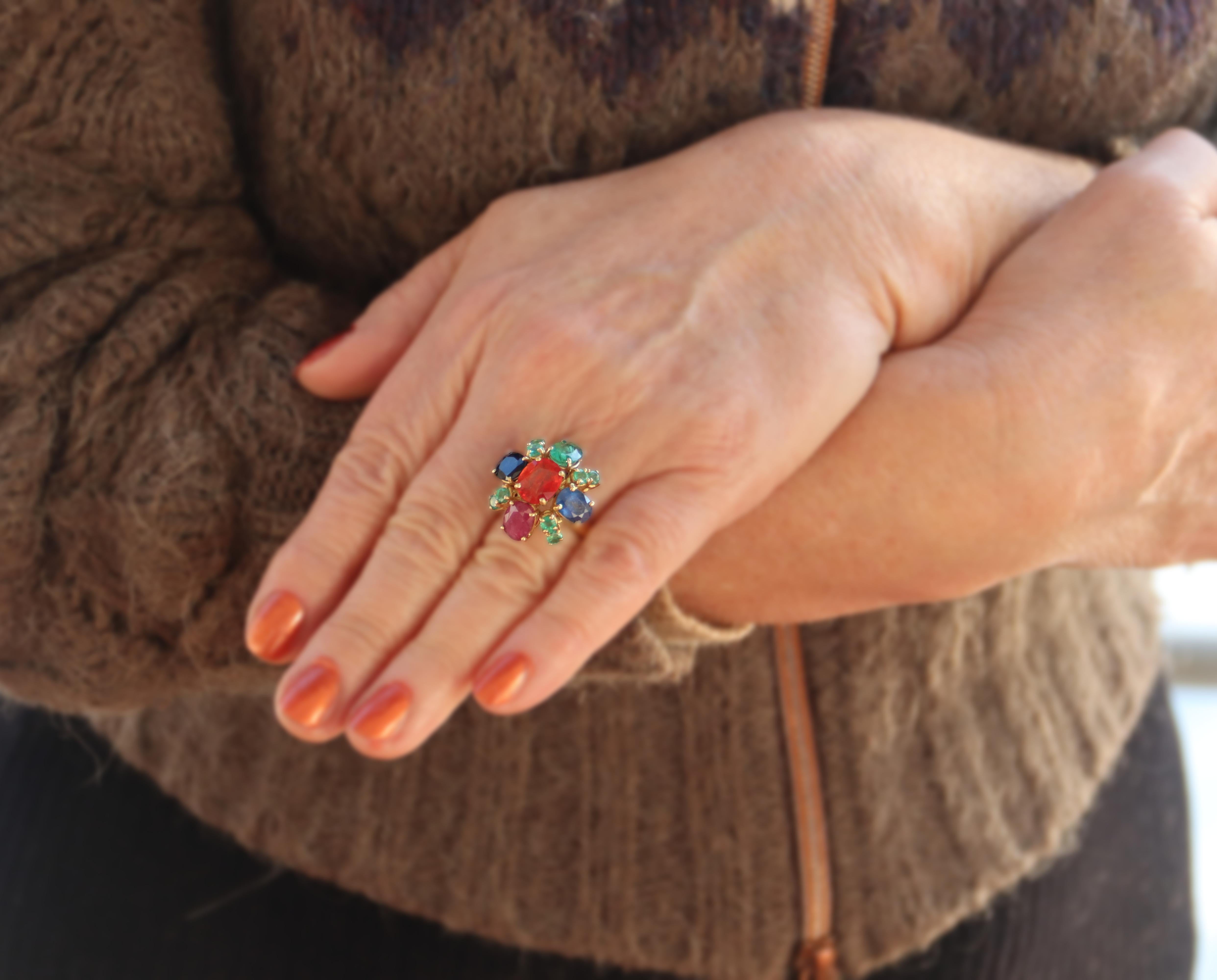 Mixed Cut Fire Opal Emeralds Sapphires Ruby 18 Karat Yellow Gold Cocktail Ring For Sale