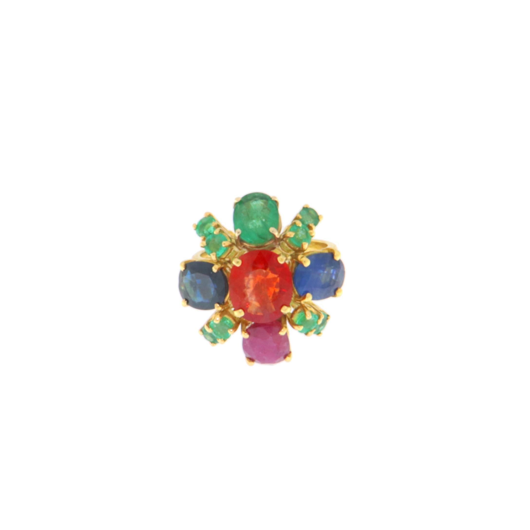 Women's Fire Opal Emeralds Sapphires Ruby 18 Karat Yellow Gold Cocktail Ring For Sale