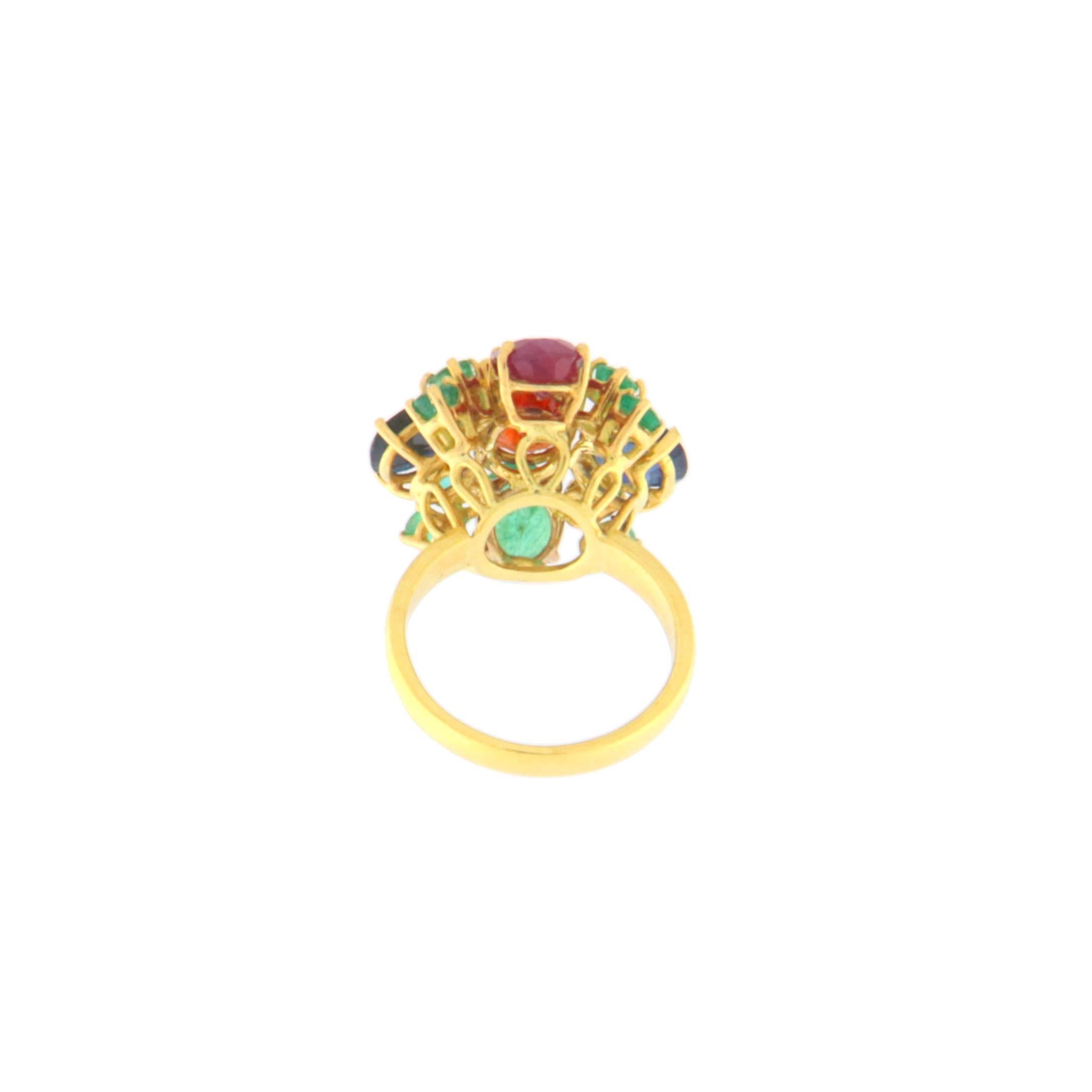 Fire Opal Emeralds Sapphires Ruby 18 Karat Yellow Gold Cocktail Ring For Sale 1