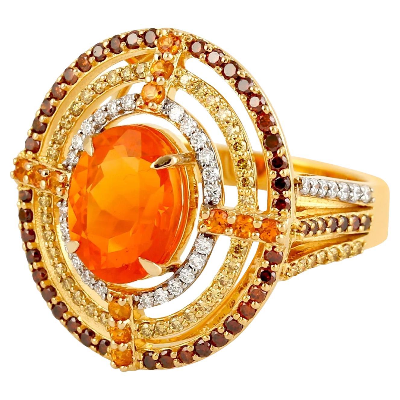 Fire Opal Garnet Diamond 18k Yellow Gold Diamond Ring For Sale