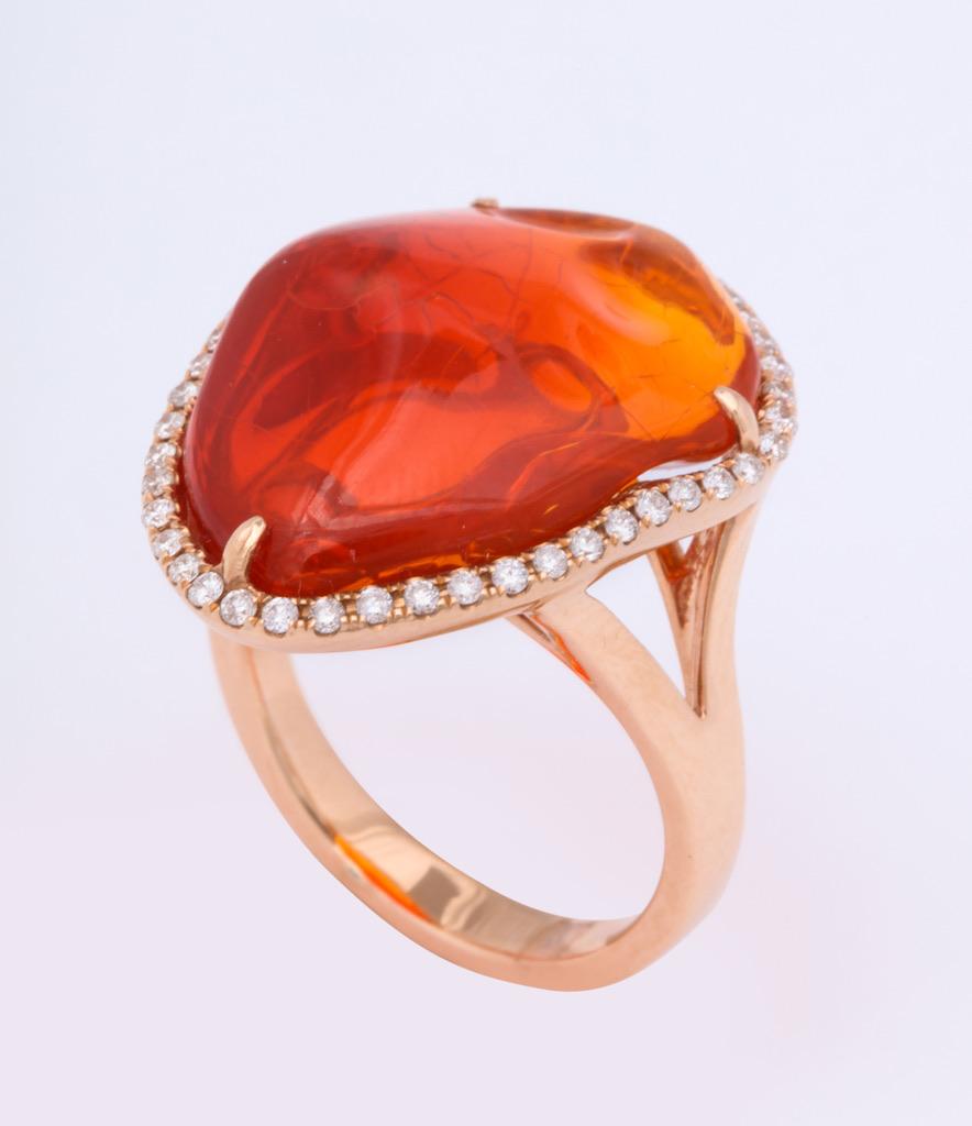 Fire Opal Gold Diamond Ring In New Condition In Bal Harbour, FL