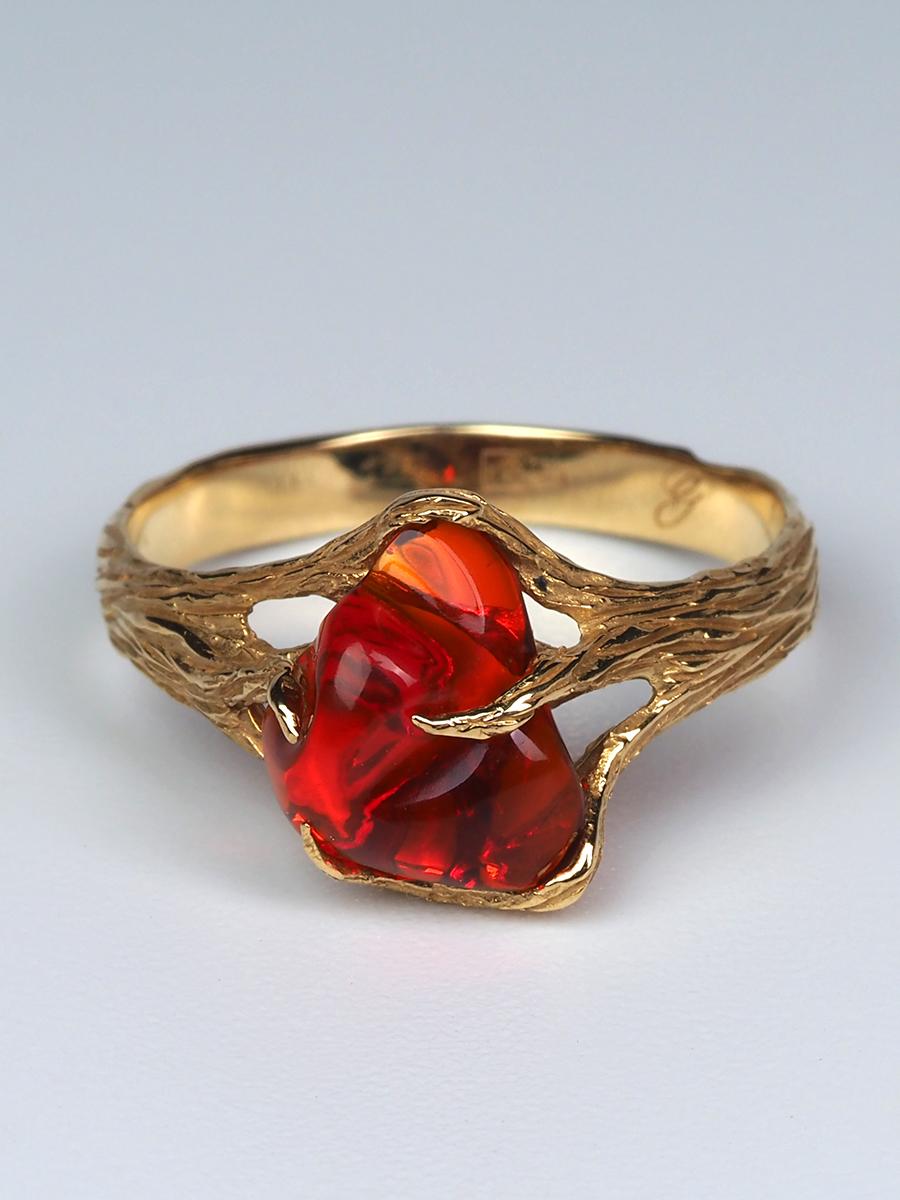 Fire Opal Gold Ring Red Gemstone 18K Yellow Gold Modern Engagement Jewelry 4