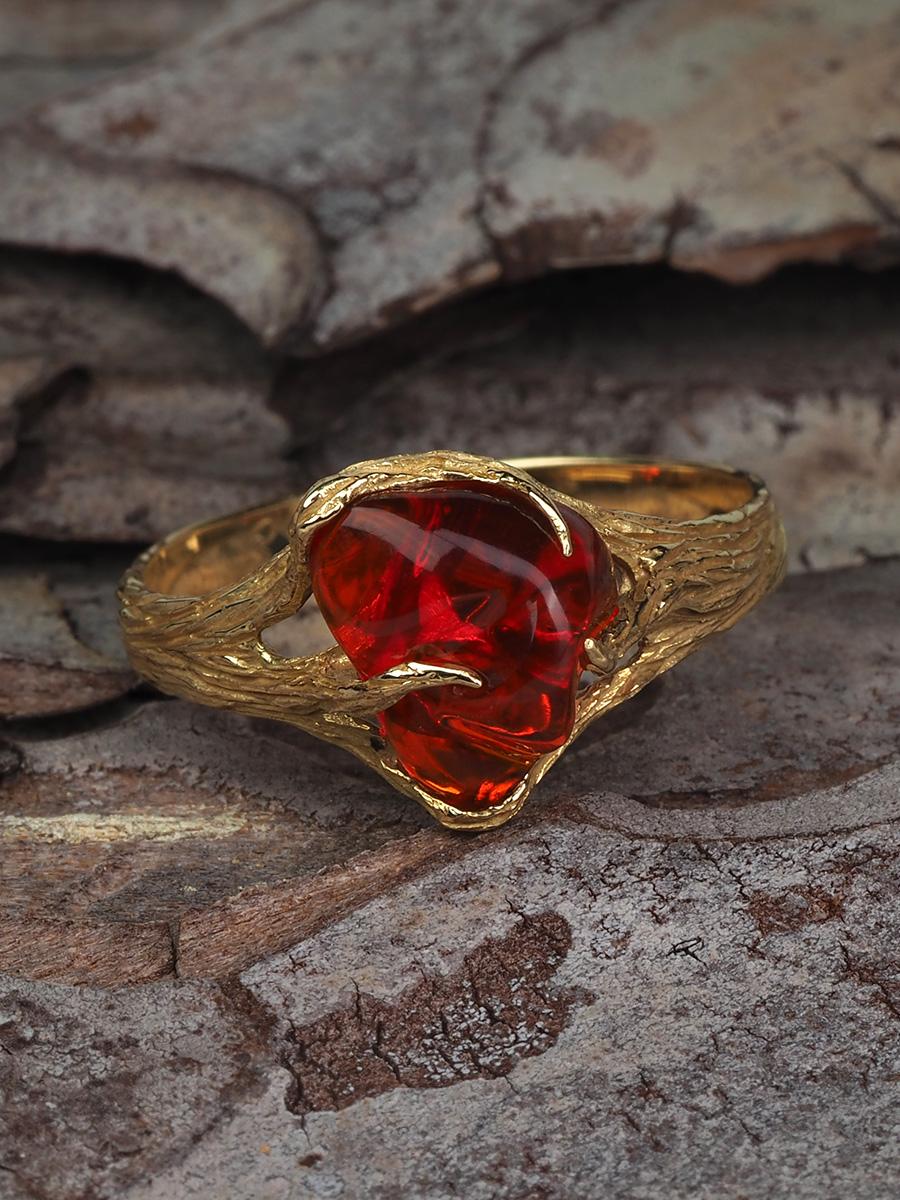 Uncut Fire Opal Gold Ring Red Gemstone 18K Yellow Gold Modern Engagement Jewelry